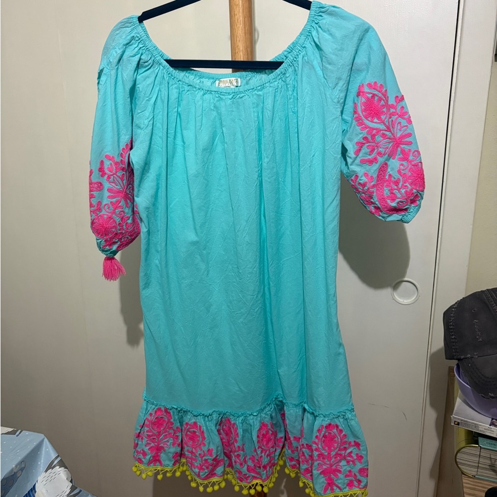 Aqua and Pink Embroidered Dress